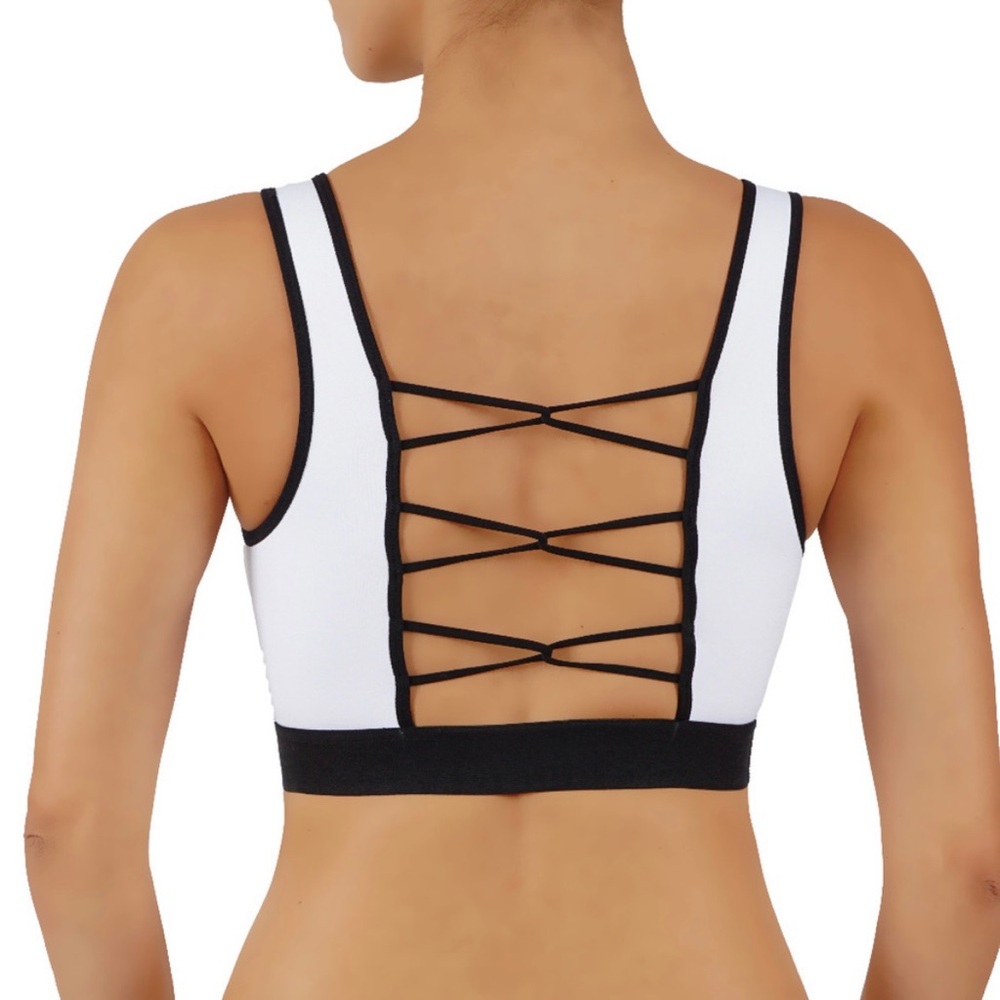 Yelete Criss Cross Sports Bra White Black High Impact Removable Cups S NWT - Picture 4 of 9